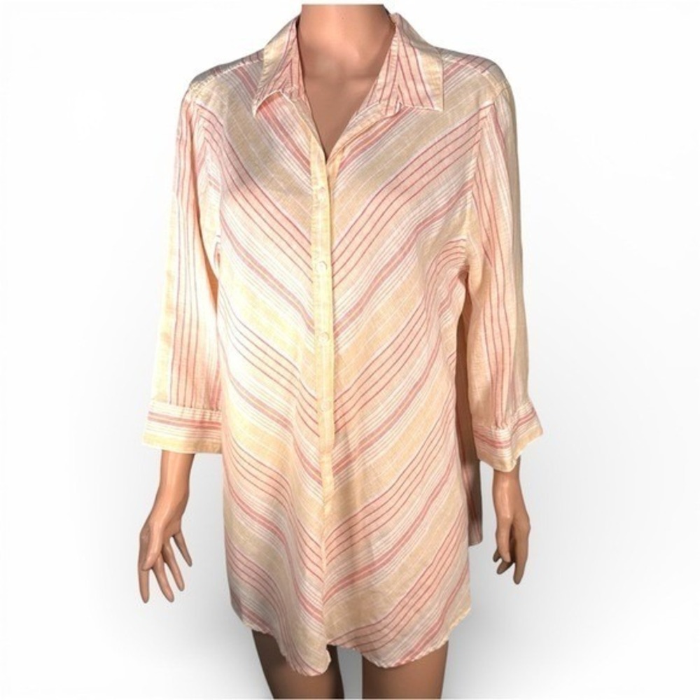 Chicos No-Iron Striped‎ Linen Blend Tunic Top Pink Orange Yellow Size XL